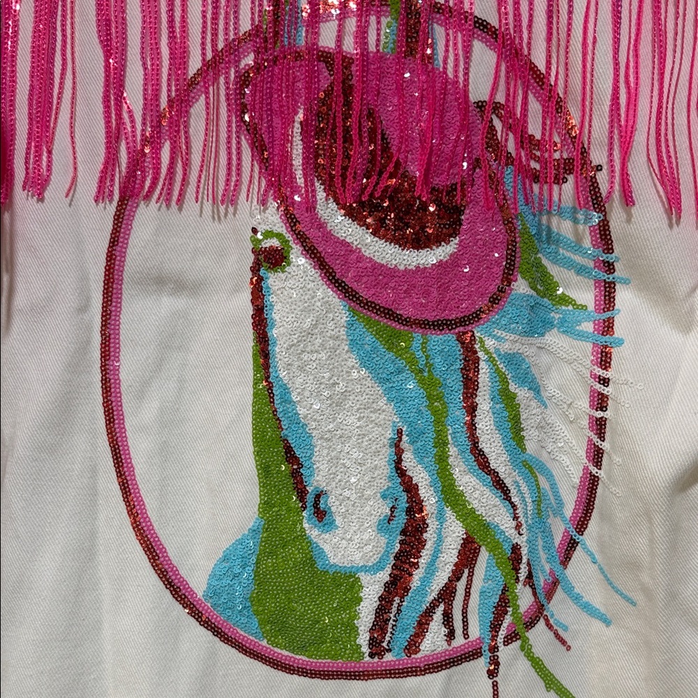 Fantastic Fawn White Jean Jacket with Hot Pink Fringe sequins horse embroidery - Picture 3 of 14